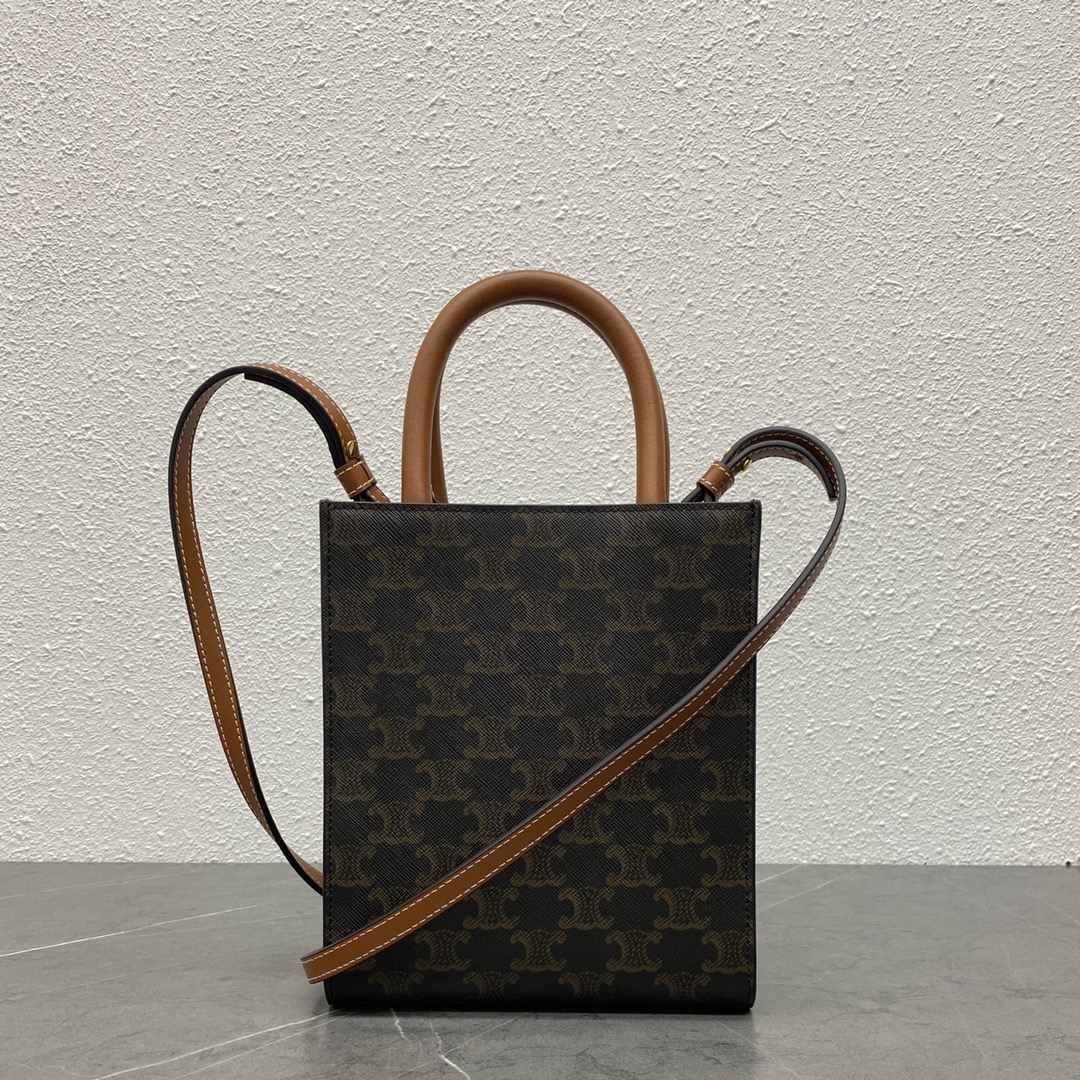 Celine Mini Vertical Cabas In Triomphe Canvas And Calfskin With Celine Print Tan 193302